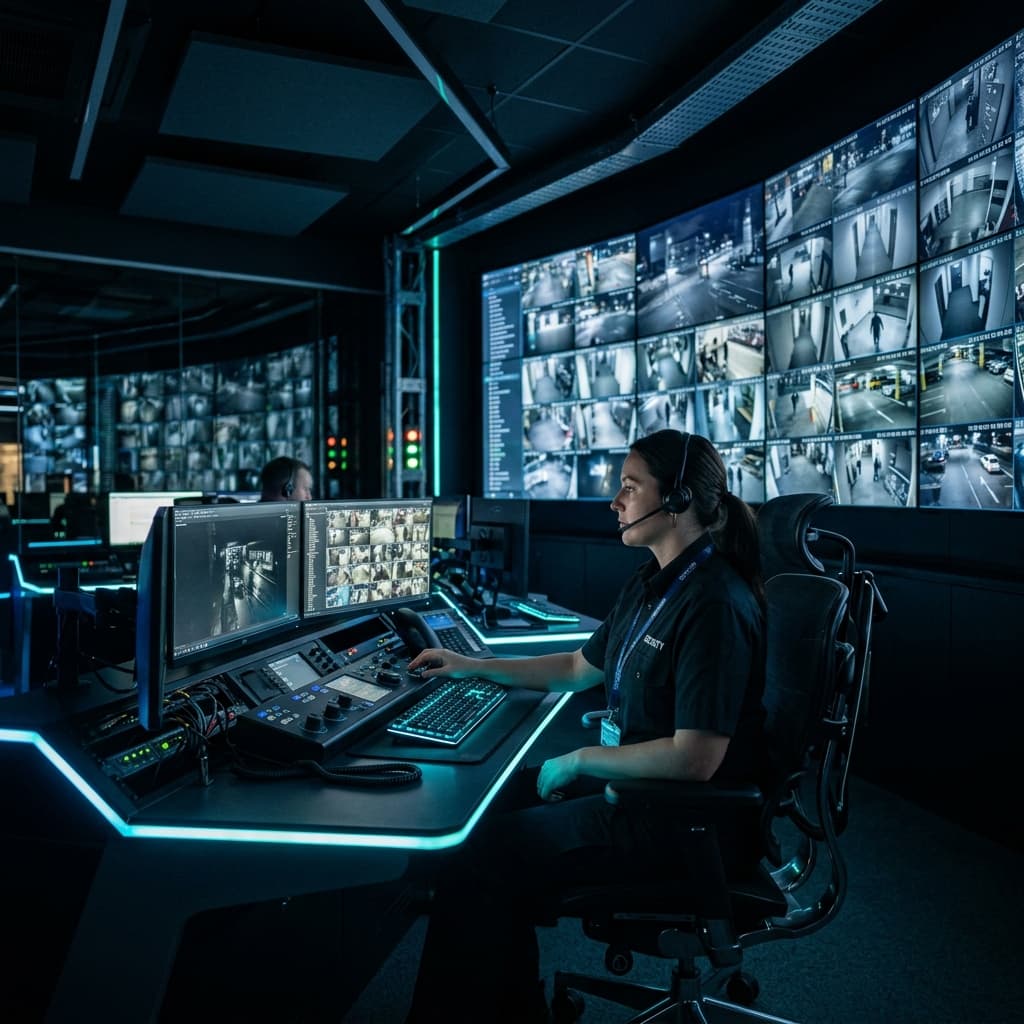 Security control room with surveillance monitors